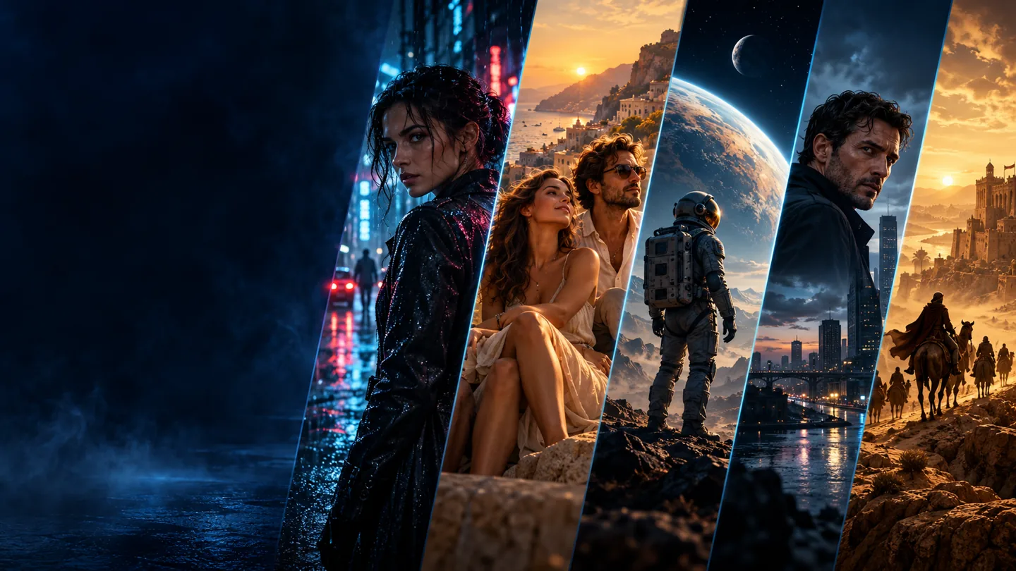 Cinematic scenes representing drama, romance, science fiction and adventure
