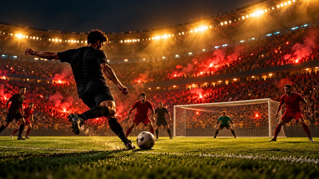 Piłkarz tuż przed strzałem na oświetlonym nocą stadionie, za nim kibice i czerwone race