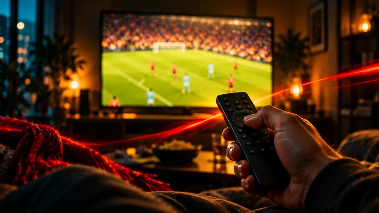 Hand met een afstandsbediening voor een tv met een voetbalwedstrijd, avondlicht